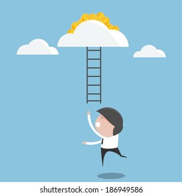 Businessman trying to grab the ladder to take the dollar coins. concept of tried to find Success. vector illustration