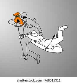 businessman trying to grab robber vector illustration doodle hand drawn with black lines isolated on gray background. Business concept.