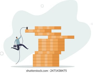 businessman trying hard climbing rope to reach top of money coins stack .flat vector illustration.