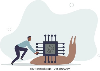 businessman trying so hard to push semiconductor chip on slow snail.flat vector illustration.