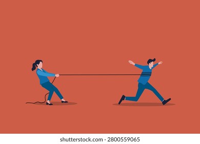 Businessman trying hard to run forward from the ropes of the woman boss