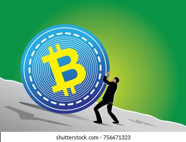 A businessman trying to hold back a rolling bitcoin
