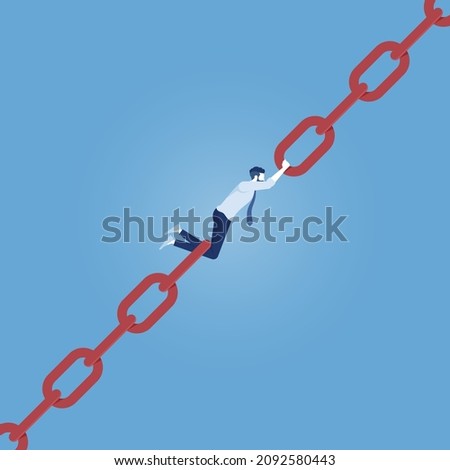 businessman trying to hold broken chain together, link chain together concept