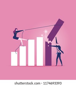 Businessman trying to hold on the breaking and falling down growth rate graph bar - Business Concept Illustration