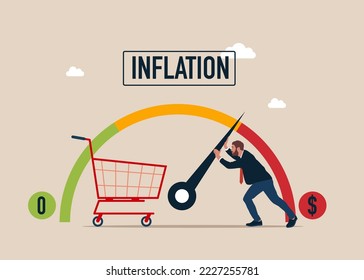Businessman is trying to keep meter from maximum values, regulates rising inflation. Indicator shows high inflation, economic crisis. Flat modern vector illustration