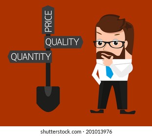 Businessman is trying to make a choice between quantity and quality. Conceptual illustration.