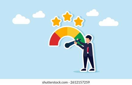Businessman trying to move a quality indicator needle symbolized by a star, illustration of good evaluation related to product, service, and business performance