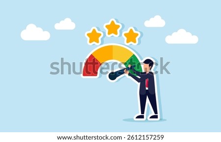 Businessman trying to move a quality indicator needle symbolized by a star, illustration of good evaluation related to product, service, and business performance