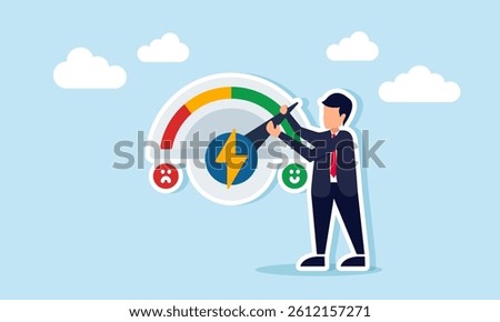 Businessman trying to move the satisfaction indicator needle marked with sad and happy emoticons toward the happy side, illustration of business performance satisfaction indicator