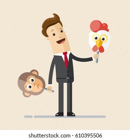 Businessman trying on carnival masks. Vector, flat