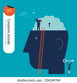 Businessman trying to open a brain businesswoman with key. Vector illustration Eps10 file. Global colors. Text and Texture in separate layers.