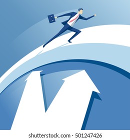 businessman trying to outrun time, employee running against time, a man in a suit runs along the edge of the clock, business concept