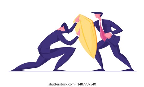 Businessman Trying to Overcome Resistance Attacking Man with Golden Shield. Business Protection, Onslaught and Confrontation Concept. Overcoming of Crisis Situation. Cartoon Flat Vector Illustration