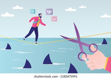 Businessman trying to overcome sea full of sharks on rope. Opponent's hand reaches out to cut rope with scissors. Business risk. Entrepreneur faced difficulties on way to success. Vector illustration