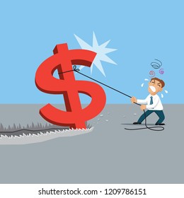 Businessman trying to pull dollar sign, illustration vector cartoon