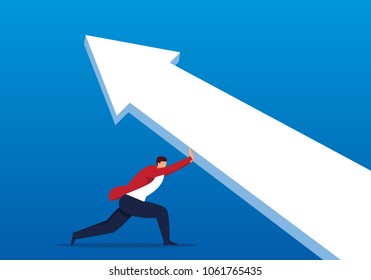 Businessman trying to push arrow to change direction