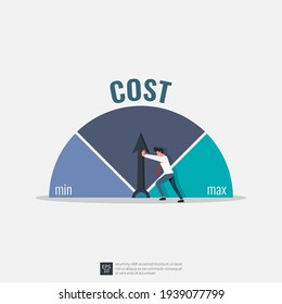 Businessman trying to push cost to minimum position illustration. Cost reduction strategy concept.