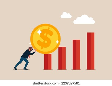 Businessman trying push dollar coin. Business profit increasing. Modern flat vector illustration