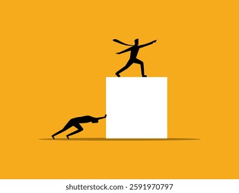 Businessman trying to push a square object with his boss