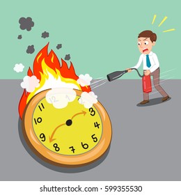 Businessman trying to put out burning big clock, vector illustration cartoon