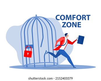 Businessman trying or running from  unlocking cage and comfort zone ,freedom concept vector illustrator