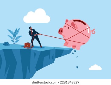 Businessman trying to save his pink piggy bank. Financial problems of debt or loan. Modern vector illustration in flat style 