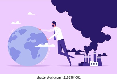 Businessman trying to save planet earth from climate change. CO2 emission. Climate change problem concept. Flat cartoon vector illustration