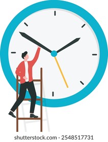 Geschäftsmann versucht, eine große Uhr, Vektorgrafik, Zeitmanagement, Frist,

