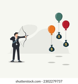Businessman trying to shoot the balloon with money vector concept illustration