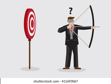 Businessman trying to shoot target with blindfold. Vector illustration on concept of trying to achieve goal without vision concept isolated on plain background. 