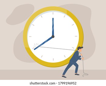 Businessman Trying To Slow Down Time. Vector Illustration. Stop The Time