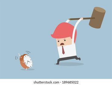 Businessman is trying to smash alarm clock by using big hammer, VECTOR, EPS10