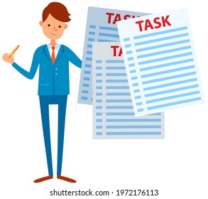 Businessman trying to stay calm with tasks on paper sheets. Male character planning his schedule to finish task on time. Man deal with deadlines, assignments scheduling, work process organization