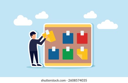 Businessman trying to stick a note on a board, illustration of important notes or footnotes as reminders for key things in business or daily activities