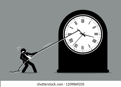 Businessman trying to stop the clock from moving. Vector artwork depicts the concept of turning back time and stopping the time because of business crisis and problem.