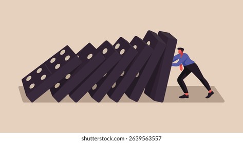 Businessman trying to stop a collapse of falling giant domino, concept of  burnout, workload pressure and emotional fatigue, job stress and breakdown, vector flat illustration