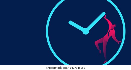 Businessman is trying to stop time. Delay, Deadline and time management business concept in red and blue neon gradients. 