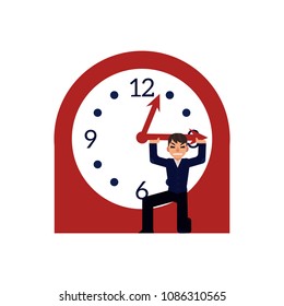 Businessman trying to stop time holding minute hand of big clock isolated on white background. Deadline and time management concept in flat cartoon vector illustration.