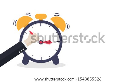 Businessman trying to stop the time on white background. Business and finance concept. Important and precious time. Copy space for text. Vector flat illustration.