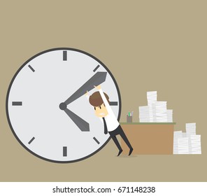 Businessman trying to stop time. Stopping minute hand on a big clock on the wall, Business cartoon concept character.
