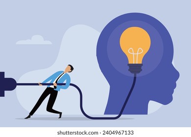 businessman trying to unplug the light bulb brain 2d flat vector illustration