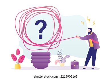 Businessman trying to unravel chaotic tangle and come up with new idea. Brainstorm, concept. Difficulty of choosing the right path, creativity. Messy lines in light bulb, brainstorming process. vector