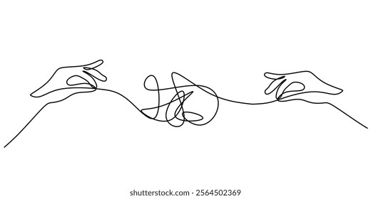 A businessman trying to untangle a knotted rope, representing the challenges of resolving financial or business issues. One line drawing for finance. Vector illustration hand drawn.