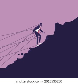 Businessman Trying To Walk Away But Being Held Back By Strings Attached To Him, Go Up To The Goal Through Obstacles Concept