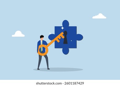 businessman turn key into jigsaw puzzle keyhole.