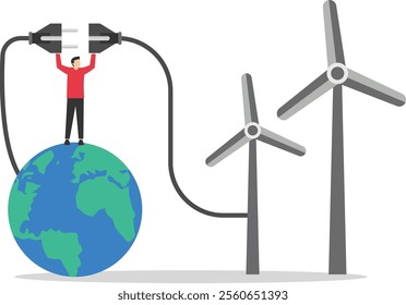 Businessman turn off electricity on the planet. Earth hour. Modern vector illustration in flat style

