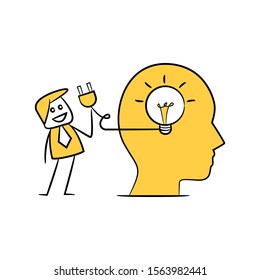businessman turn on idea bulb for creativity concept yellow stick figure