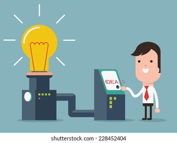 Businessman turn on invention machine for glowing lightbulbs, representing to create idea. 