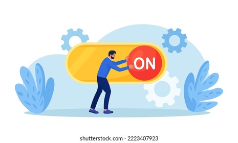 Businessman turn on switch. Start or begin new business. Character switching on action button to help business make progress on deal. Person launching new project. Man activates innovative startup