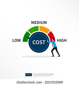 Businessman turning cost dial to a low illustration. Cost reduction, cost cutting and efficiency concept 